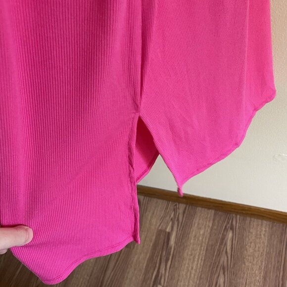 Freckled Poppy Women 2X Pink Ribbed Bell Sleeves Mock Neck Side Slits Midi Dress - Picture 3 of 9